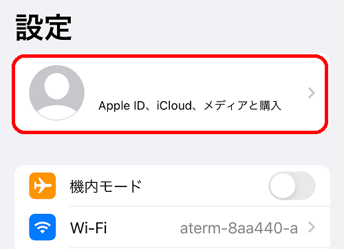 iPhoneの設定から先頭の氏名が書いてある場所をタップ